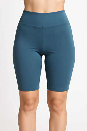 Kadın 2'li Paket Kısa Tayt Haki -petrol Mavi Yüksek Bel Toparlayıcı Esnek Günlük Ve Spor Kısa Tayt