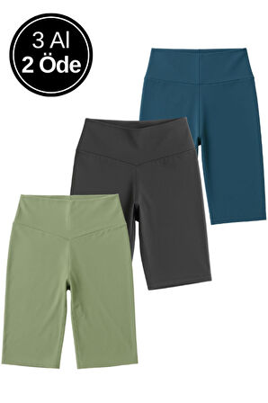 Kadın 3'lü Paket Kısa Tayt Haki -siyah -lacivert Yüksek Bel Toparlayıcı Esnek Günlük Spor Kısa Tayt