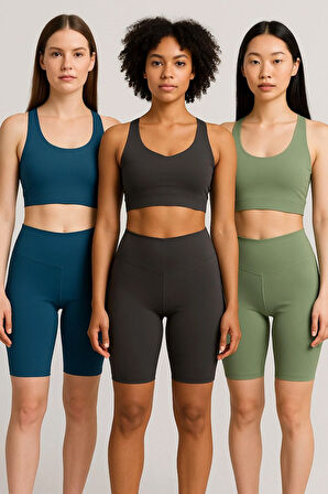 Kadın 3'lü Paket Kısa Tayt Haki -siyah -lacivert Yüksek Bel Toparlayıcı Esnek Günlük Spor Kısa Tayt