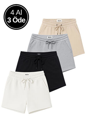 Kadın 4'lü Paket Siyah-Beyaz-Gri-Bej Rahat Kesim Yumuşak Kumaş Beli Lastikli Yazlık Cepli Mini Şort
