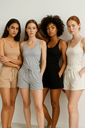 Kadın 4'lü Paket Siyah-Beyaz-Gri-Bej Rahat Kesim Yumuşak Kumaş Beli Lastikli Yazlık Cepli Mini Şort