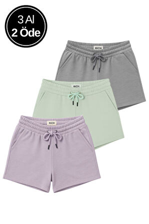 Kadın 3'lü Paket Füme-Yeşil-Lila Rahat Kesim Yumuşak Kumaş Beli Lastikli Yazlık Cepli Mini Şort