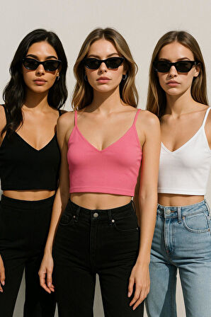 Kadın 3'lü Paket Siyah Beyaz Pembe Kısa Crop İp Askılı V Yaka Krop Bluz Büstiyer