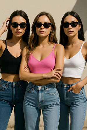 Kadın 3'lü Paket Siyah Beyaz Pembe Kısa Crop İp Askılı V Yaka Krop Bluz Büstiyer