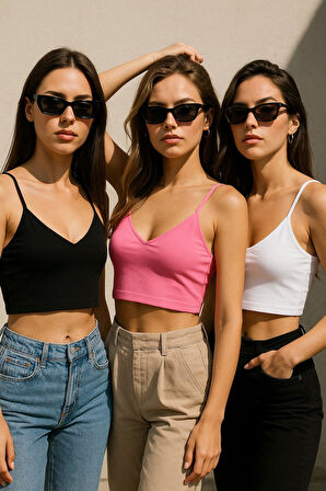 Kadın 3'lü Paket Siyah Beyaz Pembe Kısa Crop İp Askılı V Yaka Krop Bluz Büstiyer