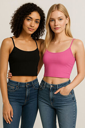 Kadın 2'li Paket Pembe Siyah Kısa Crop İp Askılı Krop Bluz Büstiyer