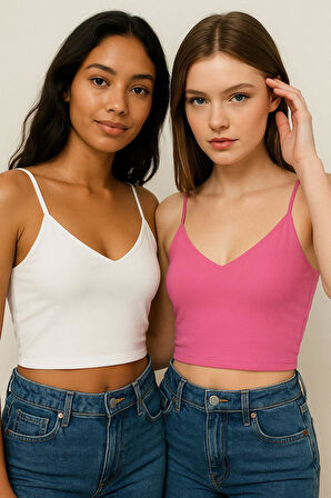 Kadın 2'li Paket Pembe Beyaz Kısa Crop İp Askılı V Yaka Krop Bluz Büstiyer