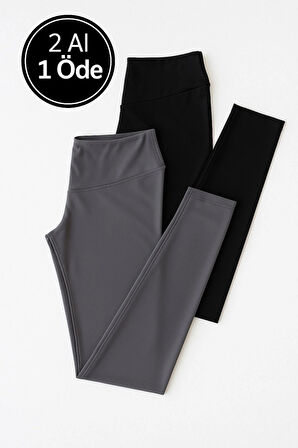 Kadın 2'li Paket İndigo - Mor Yüksek Bel Toparlayıcı Esnek Günlük ve Spor Tayt