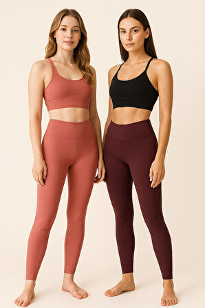 Kadın 2'li Paket İndigo - Mor Yüksek Bel Toparlayıcı Esnek Günlük ve Spor Tayt