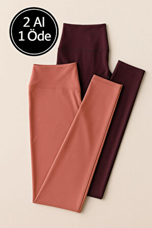 Kadın 2'li Paket İndigo - Mor Yüksek Bel Toparlayıcı Esnek Günlük ve Spor Tayt