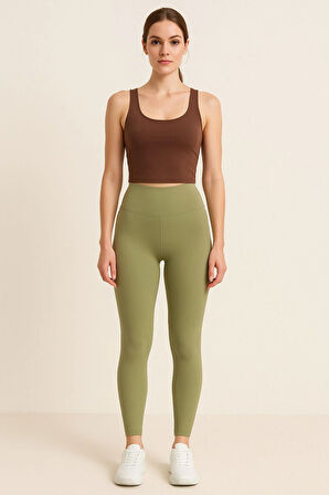 Kadın 2'li Paket Uzun Tayt Haki - Mor Yüksek Bel Toparlayıcı Esnek Günlük Ve Spor Uzun Tayt