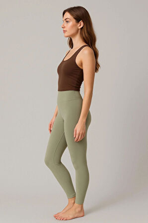 Kadın 2'li Paket Uzun Tayt Haki - Mor Yüksek Bel Toparlayıcı Esnek Günlük Ve Spor Uzun Tayt