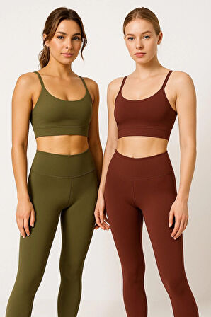 Kadın 2'li Paket Uzun Tayt Haki - Mor Yüksek Bel Toparlayıcı Esnek Günlük Ve Spor Uzun Tayt