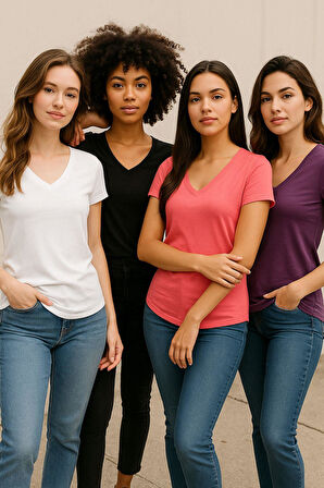 Kadın 4'lü Paket Siyah-Beyaz-Mor-Pembe %100 Organik Pamuk Tişört V Yaka T-Shirt