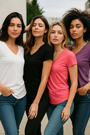 Kadın 4'lü Paket Siyah-Beyaz-Mor-Pembe %100 Organik Pamuk Tişört V Yaka T-Shirt