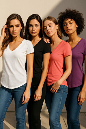 Kadın 4'lü Paket Siyah-Beyaz-Mor-Pembe %100 Organik Pamuk Tişört V Yaka T-Shirt