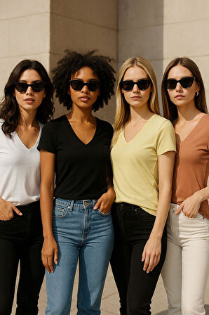 Kadın 4'lü Paket Siyah-Beyaz-Sarı-Kahverengi %100 Organik Pamuk Tişört V Yaka T-Shirt