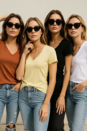 Kadın 4'lü Paket Siyah-Beyaz-Sarı-Kahverengi %100 Organik Pamuk Tişört V Yaka T-Shirt