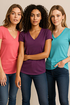 Kadın 3'lü Paket Turkuvaz-Mor-Pembe %100 Organik Pamuk Normal Kesim Tişört V Yaka T-Shirt