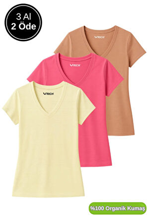 Kadın 3'lü Paket Kahverengi-Sarı-Pembe %100 Organik Pamuk Normal Kesim Tişört V Yaka T-Shirt