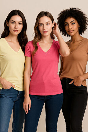 Kadın 3'lü Paket Kahverengi-Sarı-Pembe %100 Organik Pamuk Normal Kesim Tişört V Yaka T-Shirt