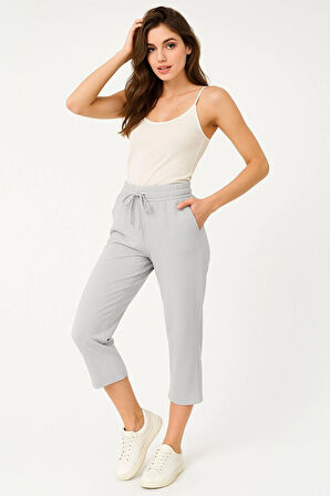Kadın Capri Beli Lastikli Rahat Kesim Günlük Düz Gri Kapri Pantolon