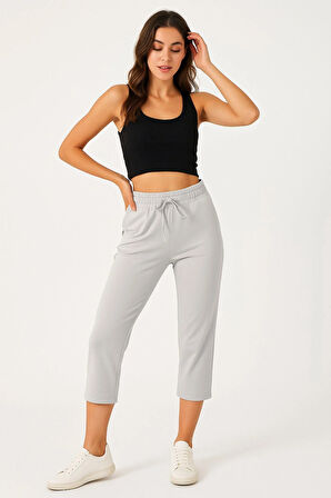 Kadın Capri Beli Lastikli Rahat Kesim Günlük Düz Gri Kapri Pantolon