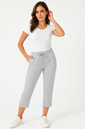 Kadın Capri Beli Lastikli Rahat Kesim Günlük Düz Gri Kapri Pantolon