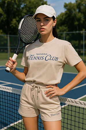 Kadın Sporty Kısa Kollu Bisiklet Yaka Oversize T-shirt ve Şortlu Alt Üst Takım Tenis İkili Takım