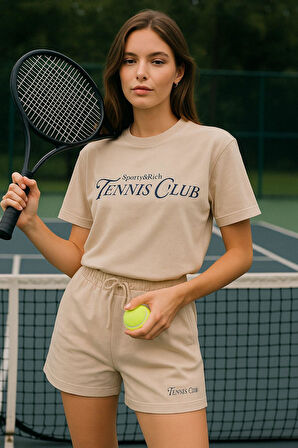 Kadın Sporty Kısa Kollu Bisiklet Yaka Oversize T-shirt ve Şortlu Alt Üst Takım Tenis İkili Takım