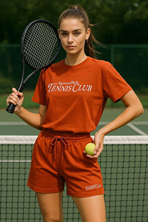 Kadın Sporty Kısa Kollu Bisiklet Yaka Oversize T-shirt ve Şortlu Alt Üst Takım Tenis İkili Takım