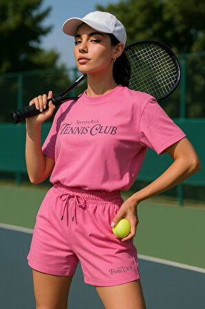 Kadın Sporty Kısa Kollu Bisiklet Yaka Oversize T-shirt ve Şortlu Alt Üst Takım Tenis İkili Takım