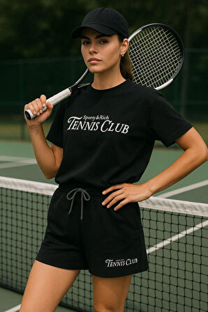 Kadın Sporty Kısa Kollu Bisiklet Yaka Oversize T-shirt ve Şortlu Alt Üst Takım Tenis İkili Takım