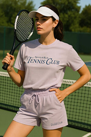 Kadın Sporty Kısa Kollu Bisiklet Yaka Oversize T-shirt ve Şortlu Alt Üst Takım Tenis İkili Takım