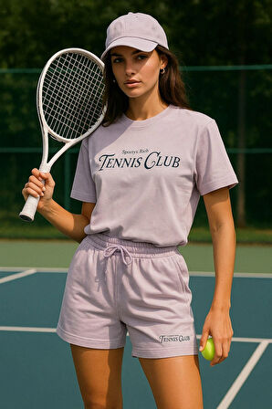 Kadın Sporty Kısa Kollu Bisiklet Yaka Oversize T-shirt ve Şortlu Alt Üst Takım Tenis İkili Takım