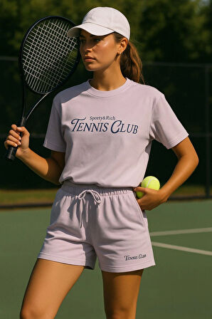 Kadın Sporty Kısa Kollu Bisiklet Yaka Oversize T-shirt ve Şortlu Alt Üst Takım Tenis İkili Takım