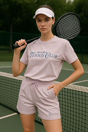 Kadın Sporty Kısa Kollu Bisiklet Yaka Oversize T-shirt ve Şortlu Alt Üst Takım Tenis İkili Takım