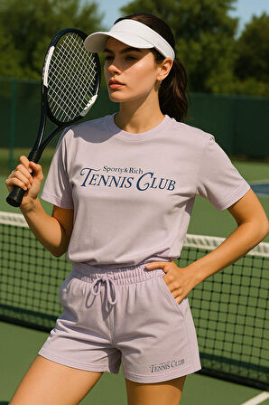 Kadın Sporty Kısa Kollu Bisiklet Yaka Oversize T-shirt ve Şortlu Alt Üst Takım Tenis İkili Takım