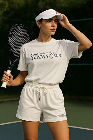 Kadın Sporty Kısa Kollu Bisiklet Yaka Oversize T-shirt ve Şortlu Alt Üst Takım Tenis İkili Takım