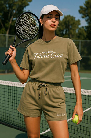 Kadın Sporty Kısa Kollu Bisiklet Yaka Oversize T-shirt ve Şortlu Alt Üst Takım Tenis İkili Takım