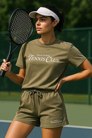 Kadın Sporty Kısa Kollu Bisiklet Yaka Oversize T-shirt ve Şortlu Alt Üst Takım Tenis İkili Takım