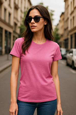 Kadın %100 Organik Pamuklu Relaxed Yıkamalı T-shirt Bisiklet Yaka Kısa Kollu Kadın Basic Tişört