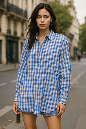Kadın Mavi Beyaz Oversize Ekoseli Gömlek Over Fit Relaxed Gömlek