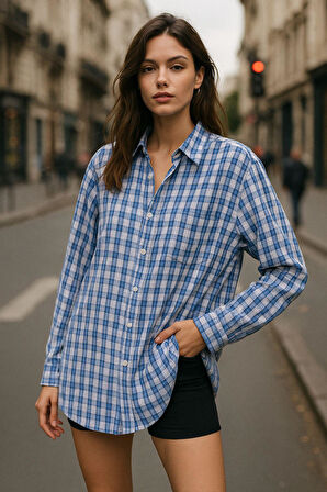 Kadın Mavi Beyaz Oversize Ekoseli Gömlek Over Fit Relaxed Gömlek