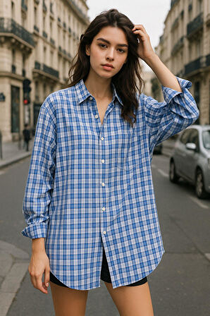 Kadın Mavi Beyaz Oversize Ekoseli Gömlek Over Fit Relaxed Gömlek
