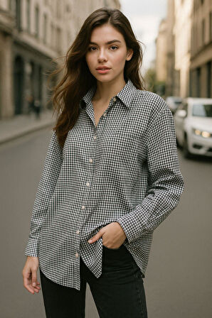 Kadın Siyah Beyaz Kareli Oversize Gömlek Relaxed Over Fit Ekoseli Gömlek
