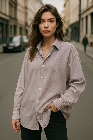 Kadın Bordo Çizgili Beyaz Oversize Gömlek Over Fit Relaxed Gömlek