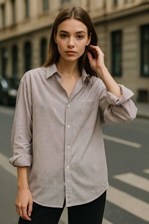 Kadın Bordo Çizgili Beyaz Oversize Gömlek Over Fit Relaxed Gömlek