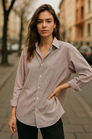 Kadın Bordo Çizgili Beyaz Oversize Gömlek Over Fit Relaxed Gömlek