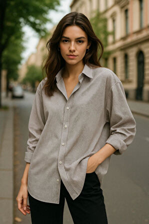 Kadın Bordo Çizgili Beyaz Oversize Gömlek Over Fit Relaxed Gömlek